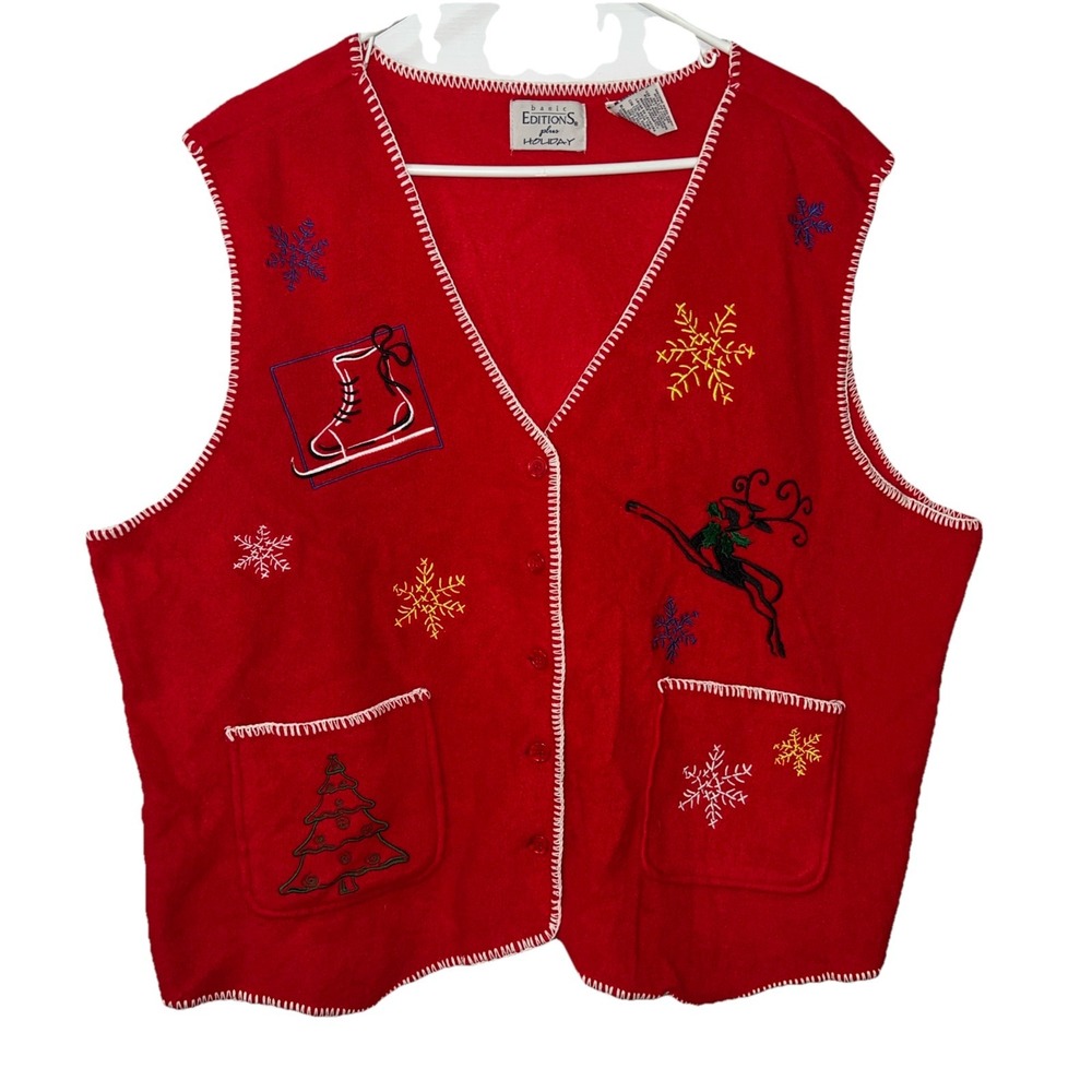 Christmas Basic Editions Womens Top 2X Plus Vest Fleece Red Button Embroidered‎